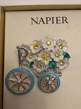 Napier Silver-Tone Bicycle Brooch with White & Yellow Flowers and Blue Wheels